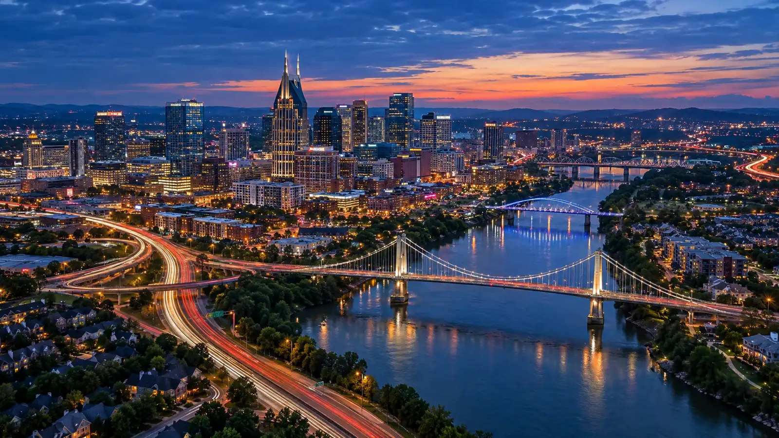 Nashville skyline and surrounding suburbs at dusk