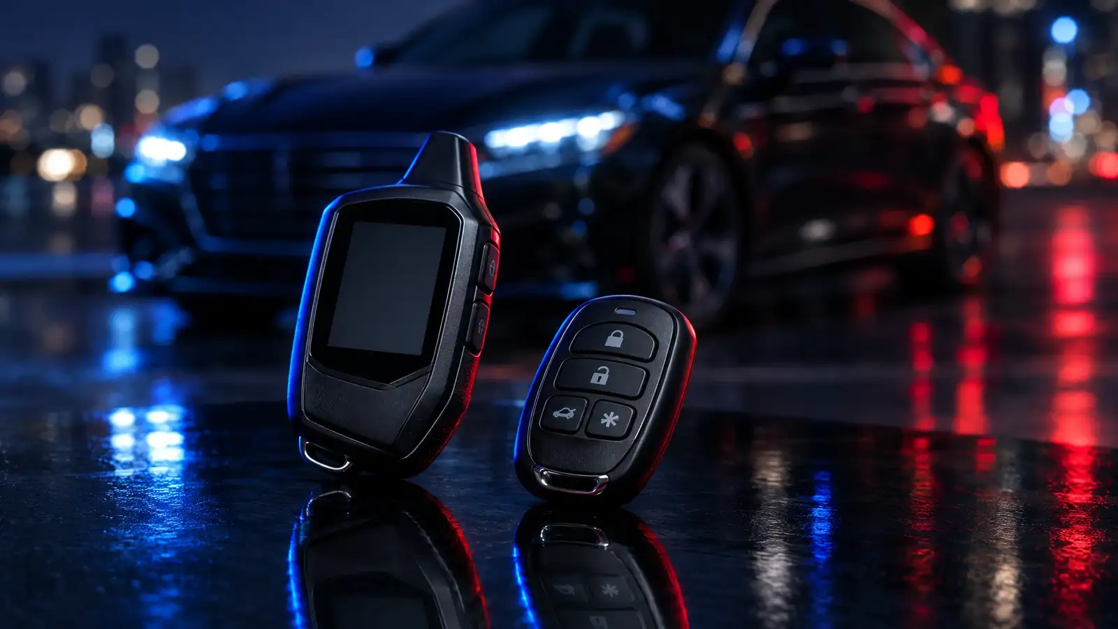A vehicle at night with Viper remote start and security installed