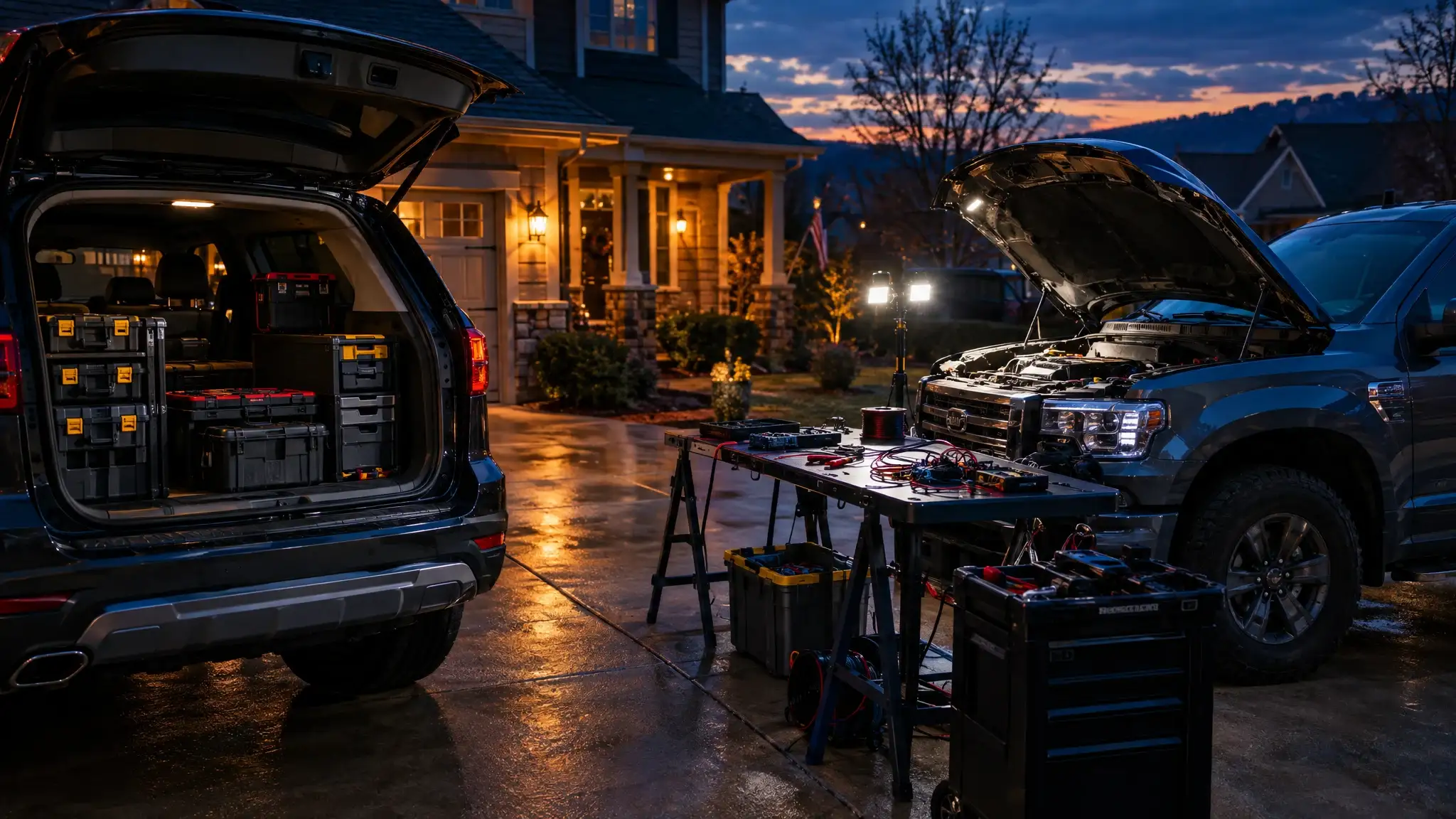 A vehicle at night with Viper remote start and security installed